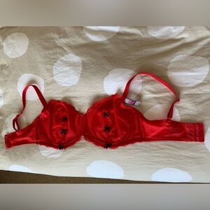 Adore Me red lace balconette bra with black bows adjustable strap back closure